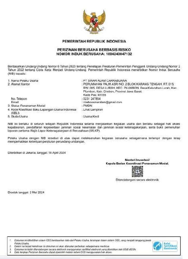 Perizinan Usaha Berbasis Risiko - Sinar Alam Cakrabuana