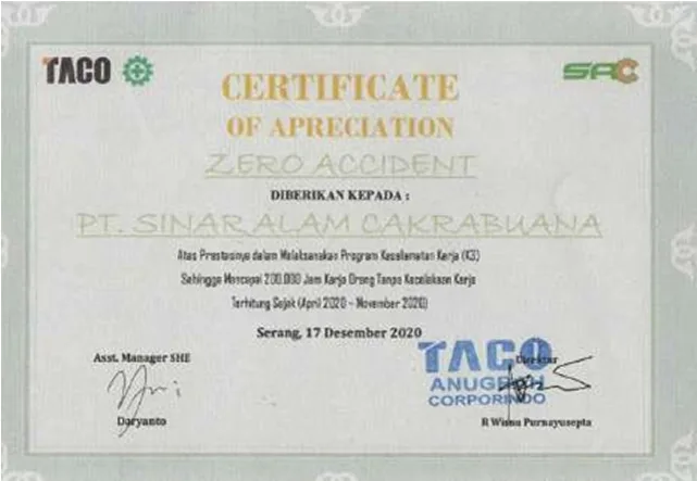 Sertifikat Appreciation Taco - Sinar Alam Cakrabuana