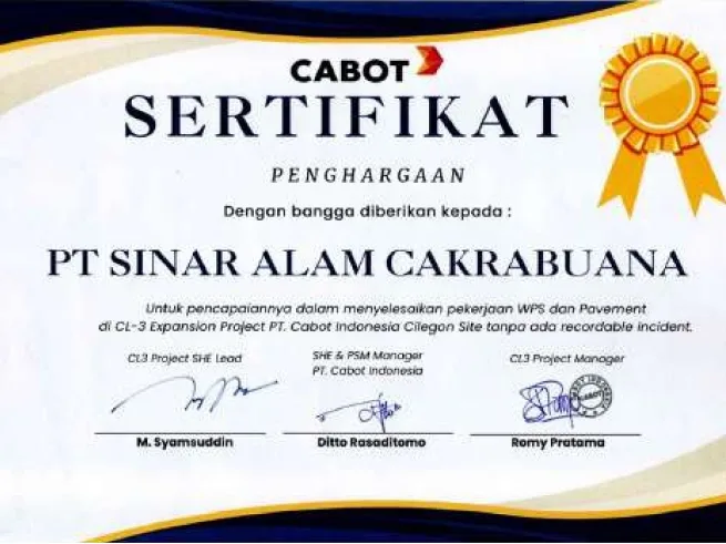 Sertifikat CABOT - Sinar Alam Cakrabuana