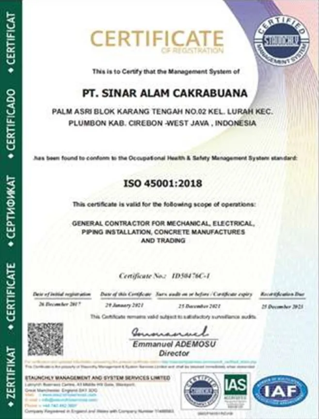 Sertifikat ISO 45001 2018 - Sinar Alam Cakrabuana