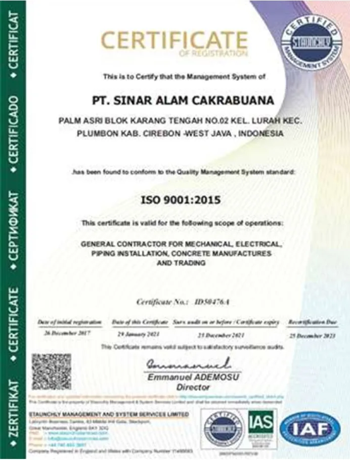 Sertifikat ISO 9001 2015 - Sinar Alam Cakrabuana